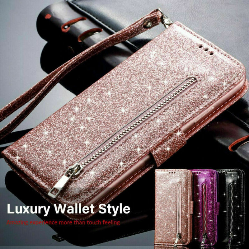For Samsung S20 Ultra Note 10 S9 S10 Case Glitter Leather Flip Wallet Card Cover