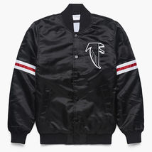 Vintage 80s NFL Atlanta Falcons Baseball Bomber Letterman Black Satin Jacket - £82.95 GBP