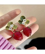 Strawberry Drop Earrings – Cute Enamel Fruit Earrings with Leaf  - $15.00