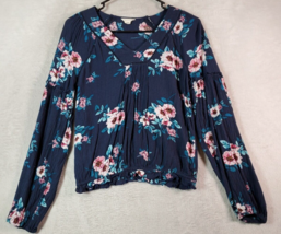 Aéropostale Blouse Top Womens Size XS Navy Floral 100% Rayon Long Sleeve V Neck - £11.86 GBP