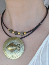 Leather necklace, statement necklace, round pendant necklace, fish necklace, 252 - £18.37 GBP