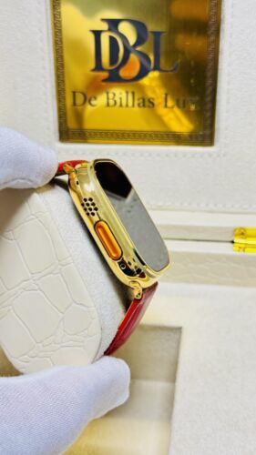24k Gold Plated Apple Watch ULTRA 2 49mm Red Leather Band 24k Gold Buckle Item image 7