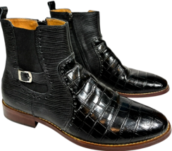 Javi men&#39;s G28-B06 Black Leather Croc Print Buckled Zip-up Ankle Boots s... - $659.33 MXN