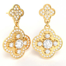 Shamrock Clover Flower Leaf White Topaz Diamond Earrings In 14k Yellow Gold - £829.71 GBP