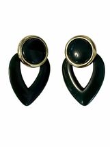 Vintage Forest Green Drop Earrings Gold Tone Round Cabochon Modernist Da... - $15.30