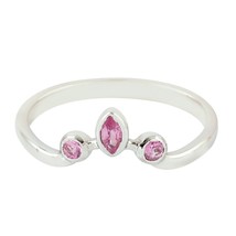 925 Sterling Silver Oval Shape Pink Sapphire Ring Stackable Ring Three Stone  - £30.04 GBP