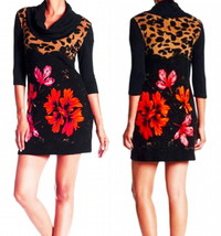 $320 Papillon Cowl Neck Dress Large 10 12 Floral + Animal Bold Happy Knit NWT - £90.20 GBP