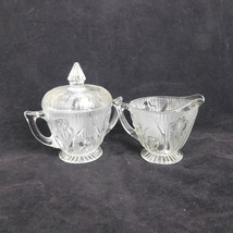 Jeannette Glass Iris Herringbone Pattern Vintage Clear Creamer &amp; Sugar w/Lid Set - £15.46 GBP
