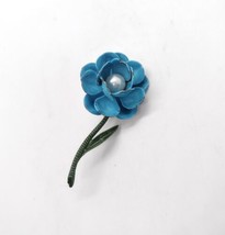 Vintage Enamel Metal Blue Flower Brooch Pin Faux Pearl Lapel Scarf Stemm... - £10.88 GBP