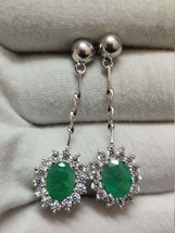 Silver Emerald Cluster Earrings 7x9 mm oval Natural Emerald Silver Earrings - £94.58 GBP