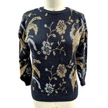 Disco Dreams! VTG 70s 80s Donagain Black Sweater Gold/Silver Floral Powe... - $33.86