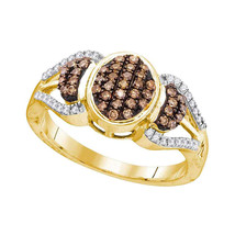 10k Yellow Gold Round Brown Color Enhanced Diamond Oval Cluster Ring 1/3 - £270.13 GBP