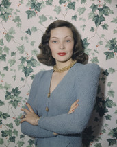 GENE TIERNEY BEAUTIFUL POSE IN BLUE CARDIGAN AND GOLD NECKLACE 1940&#39;S 8X... - $9.75