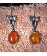 Vintage Sterling Silver Pierced Drop EARRINGS--AMBER Cabochon Bezel Set-... - €30,35 EUR