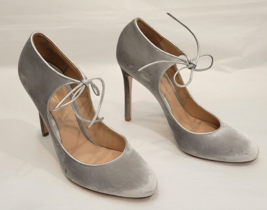 GIANVITO ROSSI Silver Jolene Velvet Pumps with Ankle Ties - Size 38 (7) - $369.99