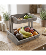 2-Tier Wooden Fruit Basket, Counter Stand, Rustic Grey Color Produce Sto... - $39.98