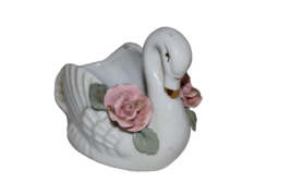 Vtg 1950s Miniature Porcelain Swan Planter Pink Roses Green Leaves Made In China - £4.79 GBP