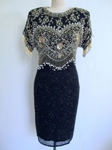 Vintage 80s 90s Destinee Beaded Sequin Silk Dress 10 S  Fringe Black Gold Pearls - £55.81 GBP