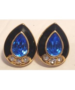 Monet Pierced Earrings Black Enamel Pear Shaped Blue and Crystal Rhinest... - $39.95