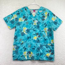 Disney Womens Tinkerbell Scrub Top Size Small Blue Double Pockets Short Sleeve - £11.86 GBP