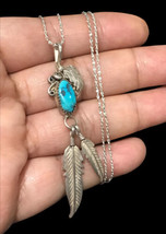 sterling silver feather turqousie necklace signed R 18” Long - £68.35 GBP