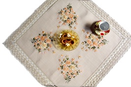 Linen Table Topper Embroidered Rustic Table Decor, Summer Decor 34x34&#39;&#39;  - $55.00
