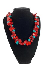 Faux Turquoise Green Red Beaded Necklace Silver Tone 21&quot; Adjustable - £13.45 GBP