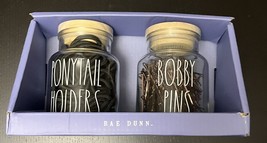 Rae Dunn HAIR TIES &amp; BOBBY PINS Glass Canisters w/ Wooden Tops - £18.22 GBP