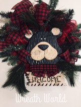 New Handmade 24” Mountain Country Bear Wreath Buffalo Plaid Welcome Wreath Cabin - £69.27 GBP