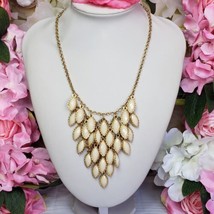 White Dangle Lucite Beaded Gold Tone Fashion Necklace Statement Bib - £13.08 GBP