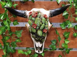 12"L Southwestern Steer Cow Skull With Ropes And Cactus Blooms Wall Deco... - $43.95