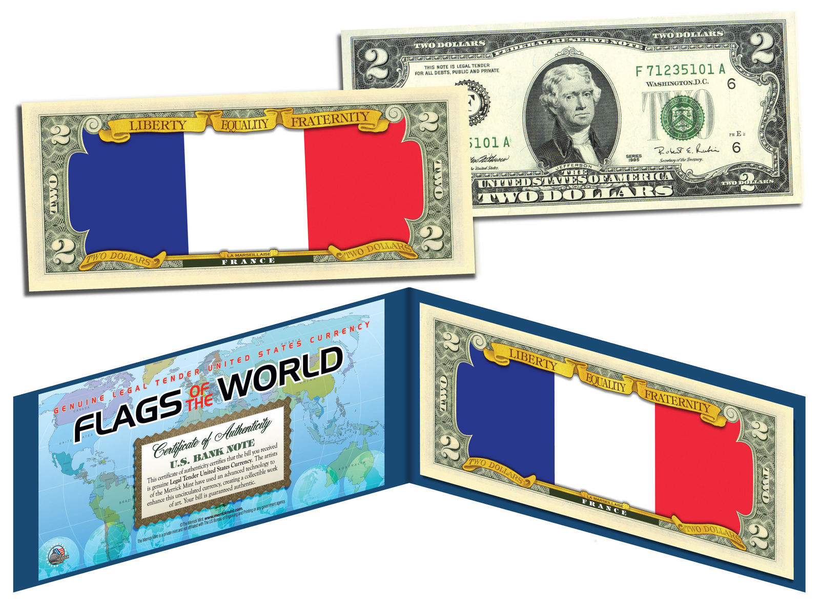 Primary image for FRANCE - Flags of the World Genuine Legal Tender U.S. $2 Bill Currency