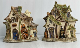 Two Ceramic Handcrafted Haunted House Tea Light Candle Holder Tii Collections. - $31.63