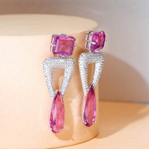 Pera Stylish Hot Pink CZ Zircon White Gold Color Long Water Drop Dangle Earring  - £18.68 GBP