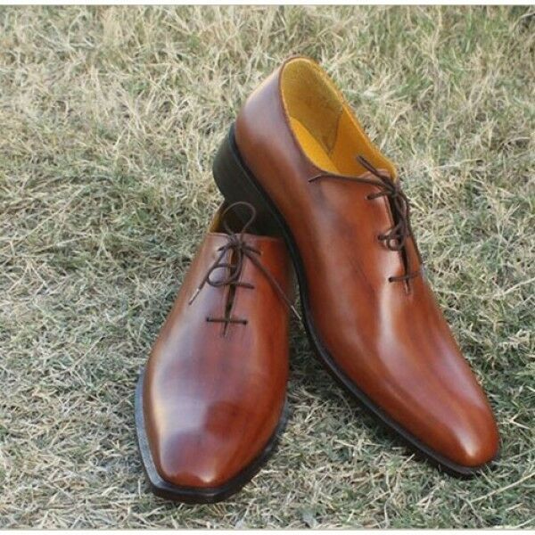 Oxford Shoes Brown Plain Rounded Toe Premium Quality Leather Black Sole Handmade