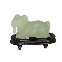 Jade Carved Goat Rame Figurine With Wooden Stand Aries Pale Celadon - £27.68 GBP