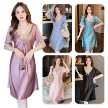 Women Sexy V Neck Satin Nightdress Short Sleeve Silky Nightie Pyjamas Sleepwear - £11.81 GBP