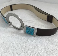 CHICOS  Navajo Turquoise Leather Belt M Brown Slide Adjustable Brown Emb... - £18.42 GBP