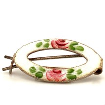 Vintage Sterling Silver Rose Flower Accent Enamel Guilloche Open Oval Brooch Pin - £35.41 GBP