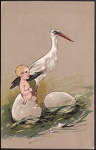 Stork &amp; Baby in Cracked Egg - Stewart &amp; Woolf Color Embossed British Postcard - £10.07 GBP
