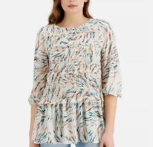Fever Womens M Whisper White Printed Ruffled Ruched 3/4 Sleeve Top NWT BR66 - $24.49