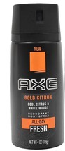 AXE Men&#39;s Deodorant Bodyspray, Essence, Gold Citron-Cool Citrus/White Woods 4 Oz - £9.54 GBP