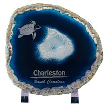 Crystal Coaster Blue Agate Slice Charleston, SC. Turtle Sea Color with S... - $12.99
