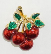 Vintage 4 Bright Red Cherry Enamel Brooch Pin   - $18.20