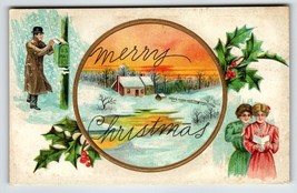 Christmas Postcard US Mailbox Women Man Winter Scene  Country Cottage Un... - $14.25