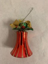 Vintage Red Bell with Greenery and Gold Ribbon Glass Ornament - $12.86