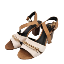 Coach New York Phoebe Brown Leather Open Toe Heel Sandals Womens 6 Chain Ivory - £38.51 GBP