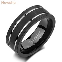 Black Wedding Bands for Men Tungsten Carbide Rings Silver Color Grooved Line Mat - £22.85 GBP