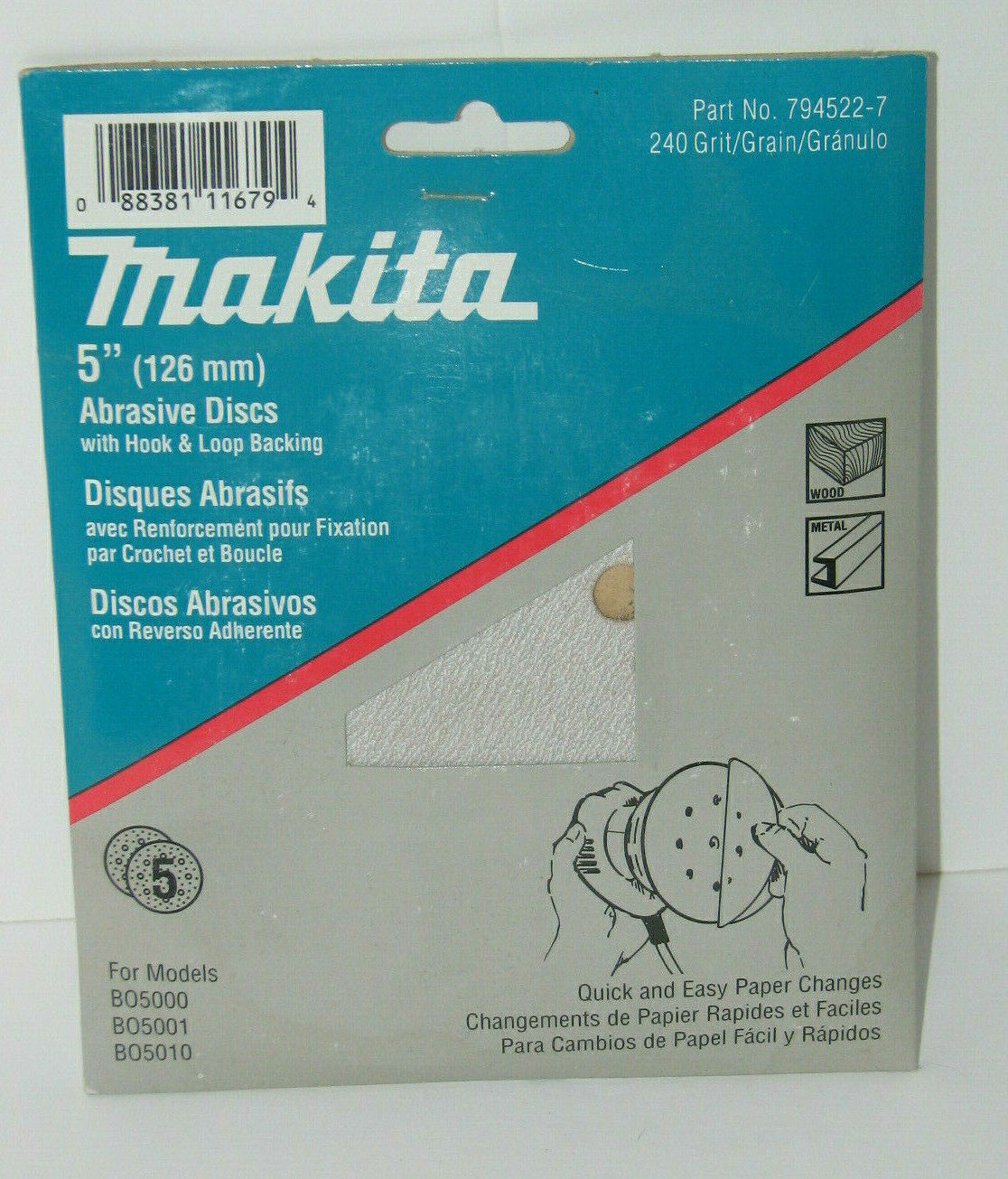 5" Sanding Discs With Hook & Loop Backing 240 Grit - Makita No. 794522-7 5 Pack - $7.90