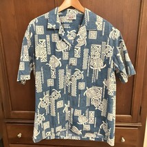 Pacific Legend Mens Large Hawaiian Shirt Blue Short Sleeve Wood Buttons ... - $37.62